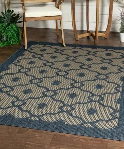 Well Woven Sol Lattice Trellis Indoor Outdoor Blue Flatweave Rug