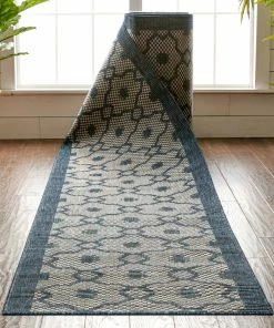 Well Woven Sol Custom Size Indoor/Outdoor Runner Lattice Trellis Blue 31 Inch Width X Choose Your Length Hallway Flat-Weave Runner Rug Moroccan