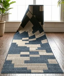 Well Woven Thor Custom Size Indoor/Outdoor Runner Geometric Blue 31 Inch Width X Choose Your Length Hallway Flat-Weave Runner Rug