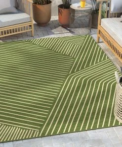 Well Woven Linden Modern Stripes Indoor/Outdoor Green Flat-Weave Rug