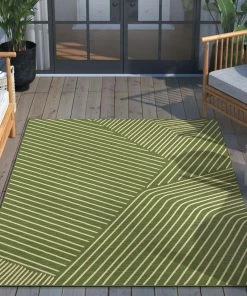 Well Woven Linden Modern Stripes Indoor/Outdoor Green Flat-Weave Rug
