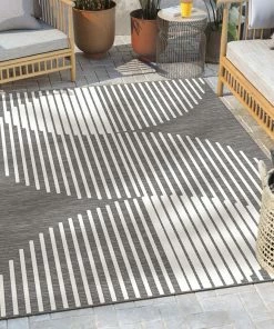 Well Woven Alder Modern Stripes Indoor/Outdoor Ivory Grey Flat-Weave Rug