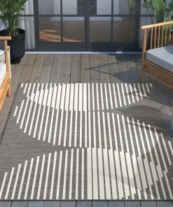Well Woven Alder Modern Stripes Indoor/Outdoor Ivory Grey Flat-Weave Rug