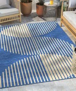 Well Woven Alder Modern Stripes Indoor/Outdoor Blue Flat-Weave Rug
