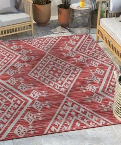 Well Woven Cascade Tribal Diamond Pattern Indoor/Outdoor Red Flat-Weave Rug