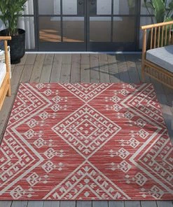 Well Woven Cascade Tribal Diamond Pattern Indoor/Outdoor Red Flat-Weave Rug