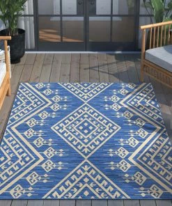 Well Woven Cascade Tribal Diamond Pattern Indoor/Outdoor Blue Flat-Weave Rug Global 5 Well Woven Cascade Tribal Diamond Pattern Indoor/Outdoor Blue Flat-Weave Rug Global