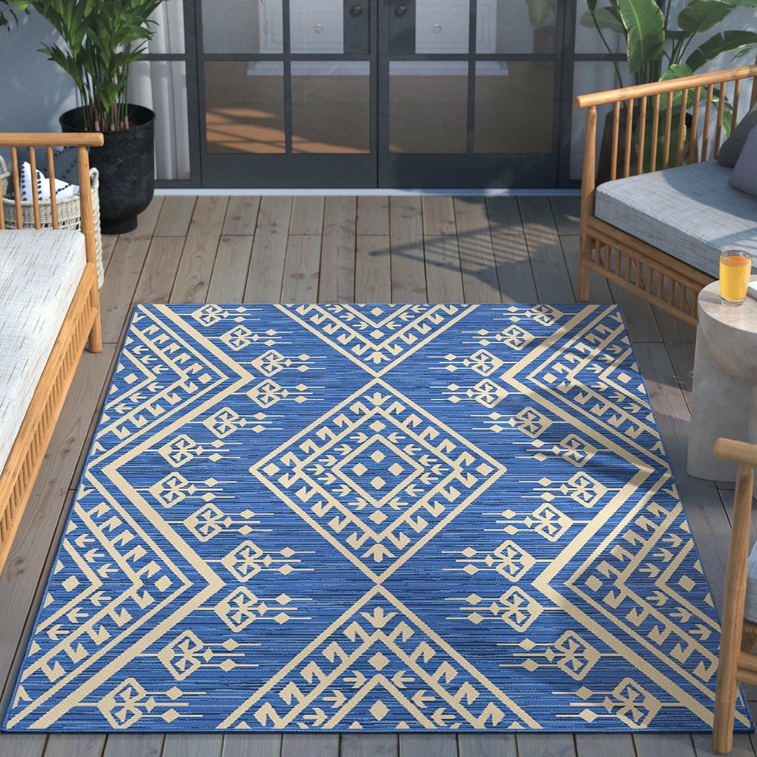 Well Woven Cascade Tribal Diamond Pattern Indoor/Outdoor Blue Flat-Weave Rug Global 3 Well Woven Cascade Tribal Diamond Pattern Indoor/Outdoor Blue Flat-Weave Rug Global