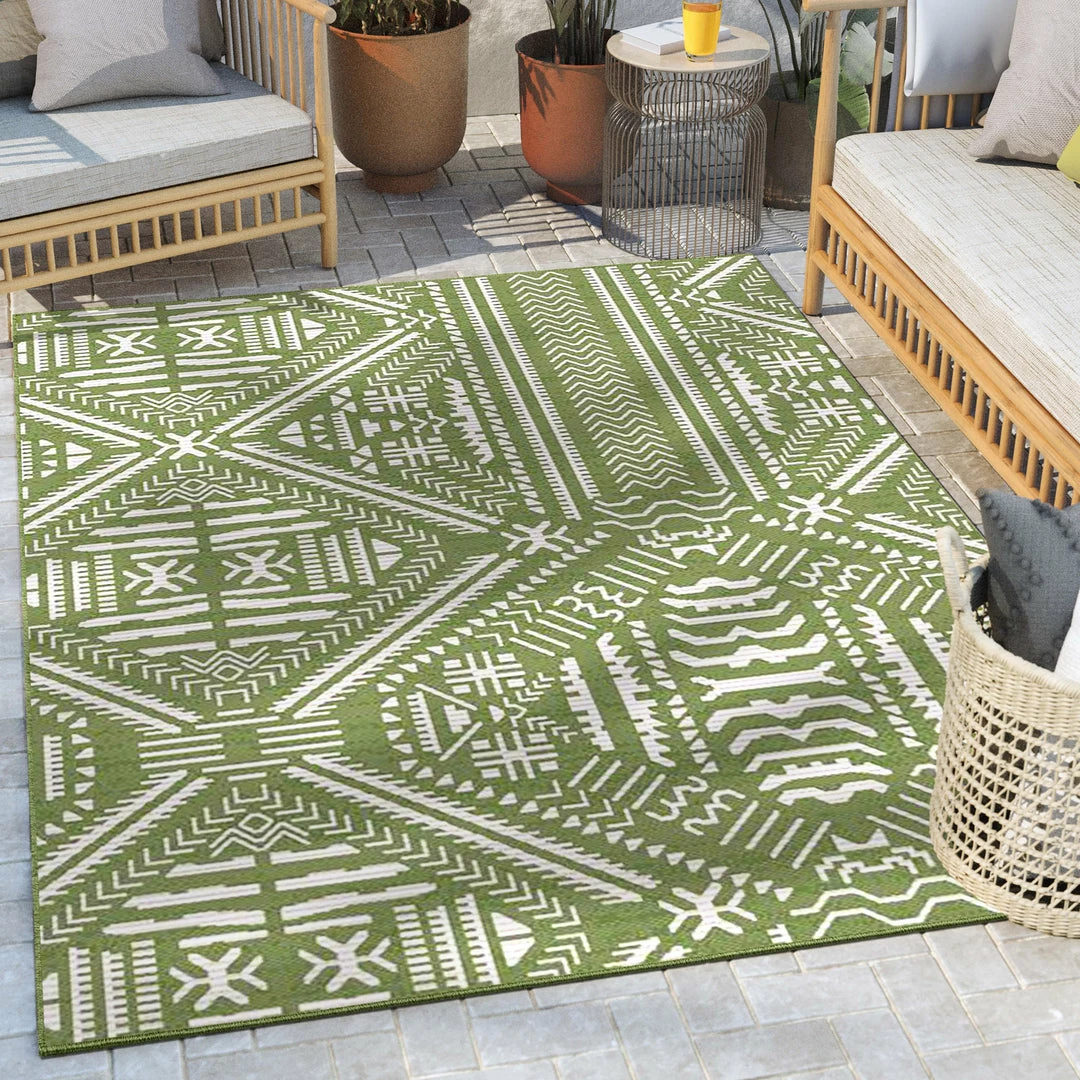 Well Woven Khalo Tribal Indoor/Outdoor Green Flat-Weave Rug Global 1 Well Woven Khalo Tribal Indoor/Outdoor Green Flat-Weave Rug Global