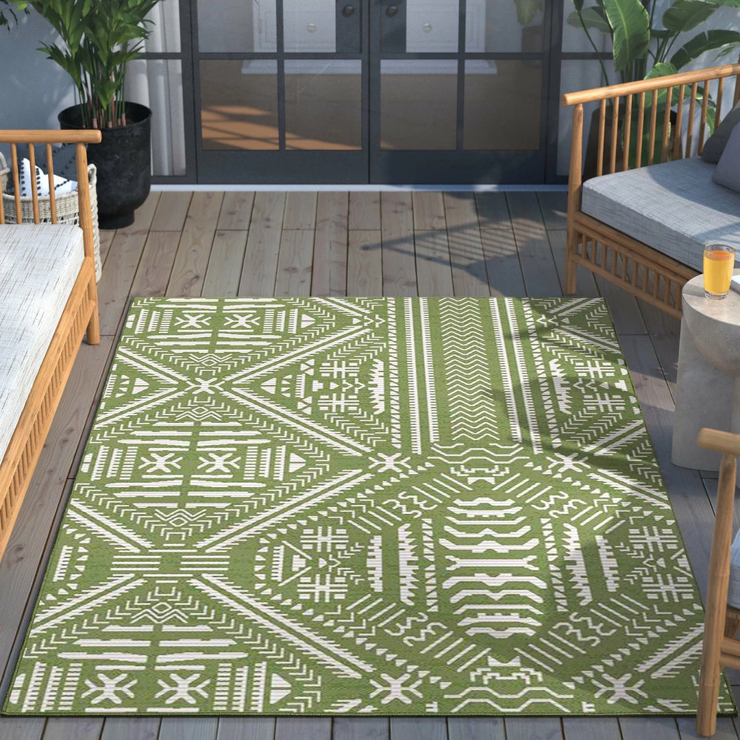Well Woven Khalo Tribal Indoor/Outdoor Green Flat-Weave Rug Global 3 Well Woven Khalo Tribal Indoor/Outdoor Green Flat-Weave Rug Global