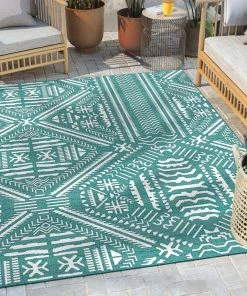 Well Woven Khalo Tribal Indoor/Outdoor Teal Blue Flat-Weave Rug