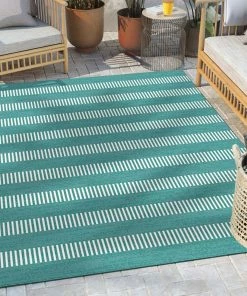 Well Woven Stria Modern Stripes Indoor/Outdoor Blue Flat-Weave Rug