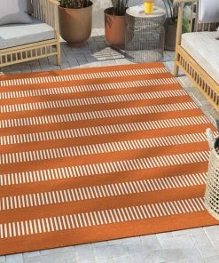 Well Woven Stria Modern Stripes Indoor/Outdoor Orange Flat-Weave Rug