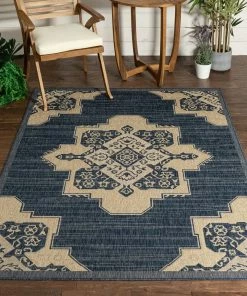 Well Woven Bloome Medallion Indoor Outdoor Blue Flatweave Rug