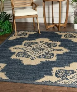 Well Woven Bloome Medallion Indoor Outdoor Blue Flatweave Rug
