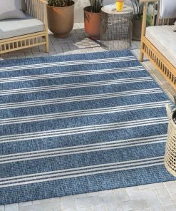 Well Woven Catalina Modern Stripes Indoor/Outdoor Blue Flat-Weave Rug