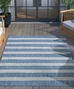 Well Woven Catalina Modern Stripes Indoor/Outdoor Blue Flat-Weave Rug