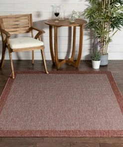 Well Woven Odin Solid & Striped Border Indoor Outdoor Coral Flatweave Rug