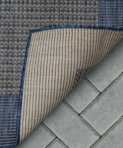 Well Woven Odin Solid & Striped Border Indoor Outdoor Blue Flatweave Rug