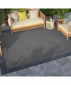 Well Woven Odin Solid & Striped Border Indoor Outdoor Blue Flatweave Rug