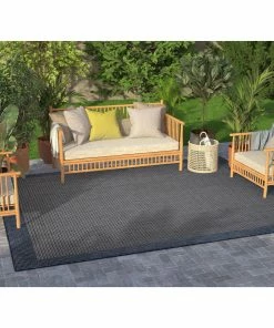 Well Woven Odin Solid & Striped Border Indoor Outdoor Blue Flatweave Rug