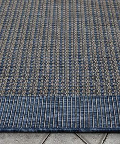 Well Woven Odin Solid & Striped Border Indoor Outdoor Blue Flatweave Rug