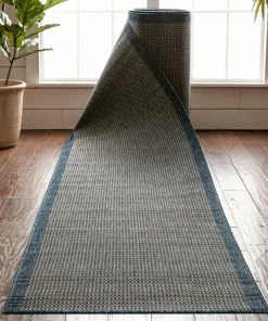 Well Woven Moroccan Odin Custom Size Indoor/Outdoor Runner Solid & Striped Blue 31 Inch Width X Choose Your Length Hallway Flat-Weave Runner Rug