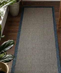 Well Woven Odin Solid & Striped Border Indoor Outdoor Blue Flatweave Rug