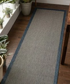 Well Woven Odin Solid & Striped Border Indoor Outdoor Blue Flatweave Rug