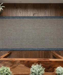 Well Woven Odin Solid & Striped Border Indoor Outdoor Blue Flatweave Rug