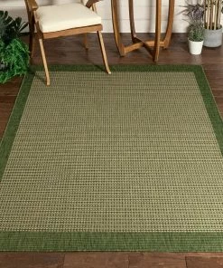 Well Woven Odin Solid & Striped Border Indoor Outdoor Green Flatweave Rug