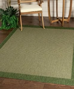 Well Woven Odin Solid & Striped Border Indoor Outdoor Green Flatweave Rug
