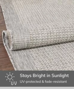 Well Woven Odin Solid & Striped Border Indoor Outdoor Grey Ivory Flatweave Rug