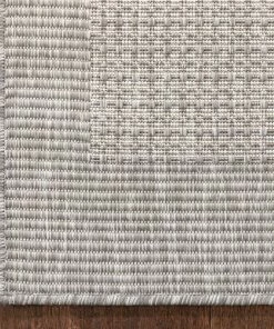 Well Woven Odin Solid & Striped Border Indoor Outdoor Grey Ivory Flatweave Rug