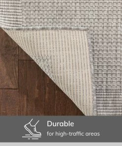 Well Woven Odin Solid & Striped Border Indoor Outdoor Grey Ivory Flatweave Rug