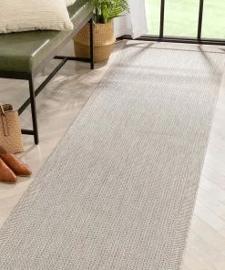 Well Woven Odin Solid & Striped Border Indoor Outdoor Grey Ivory Flatweave Rug