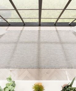 Well Woven Odin Solid & Striped Border Indoor Outdoor Grey Ivory Flatweave Rug