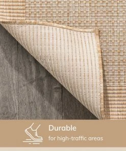 Well Woven Odin Solid & Striped Border Indoor Outdoor Taupe Flatweave Rug