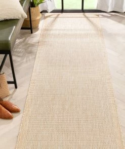 Well Woven Odin Solid & Striped Border Indoor Outdoor Taupe Flatweave Rug