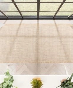 Well Woven Odin Solid & Striped Border Indoor Outdoor Taupe Flatweave Rug