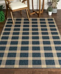 Well Woven Freya Plaid Indoor Outdoor Blue Flatweave Rug