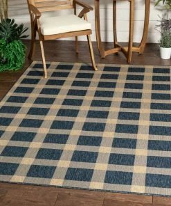 Well Woven Freya Plaid Indoor Outdoor Blue Flatweave Rug