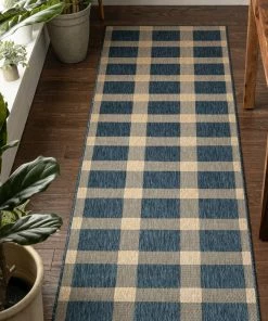 Well Woven Freya Plaid Indoor Outdoor Blue Flatweave Rug