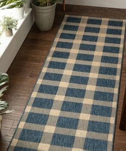 Well Woven Freya Plaid Indoor Outdoor Blue Flatweave Rug