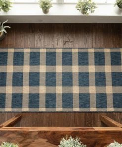 Well Woven Freya Plaid Indoor Outdoor Blue Flatweave Rug