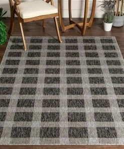 Well Woven Freya Plaid Indoor Outdoor Grey Flatweave Rug