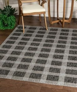 Well Woven Freya Plaid Indoor Outdoor Grey Flatweave Rug
