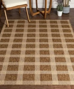 Well Woven Freya Plaid Indoor Outdoor Brown Flatweave Rug