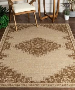 Well Woven Mani Oriental Medallion Indoor Outdoor Brown Flatweave Rug