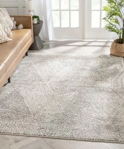 Well Woven Enzo Tribal Geometric Lines Beige Distressed High-Low Rug